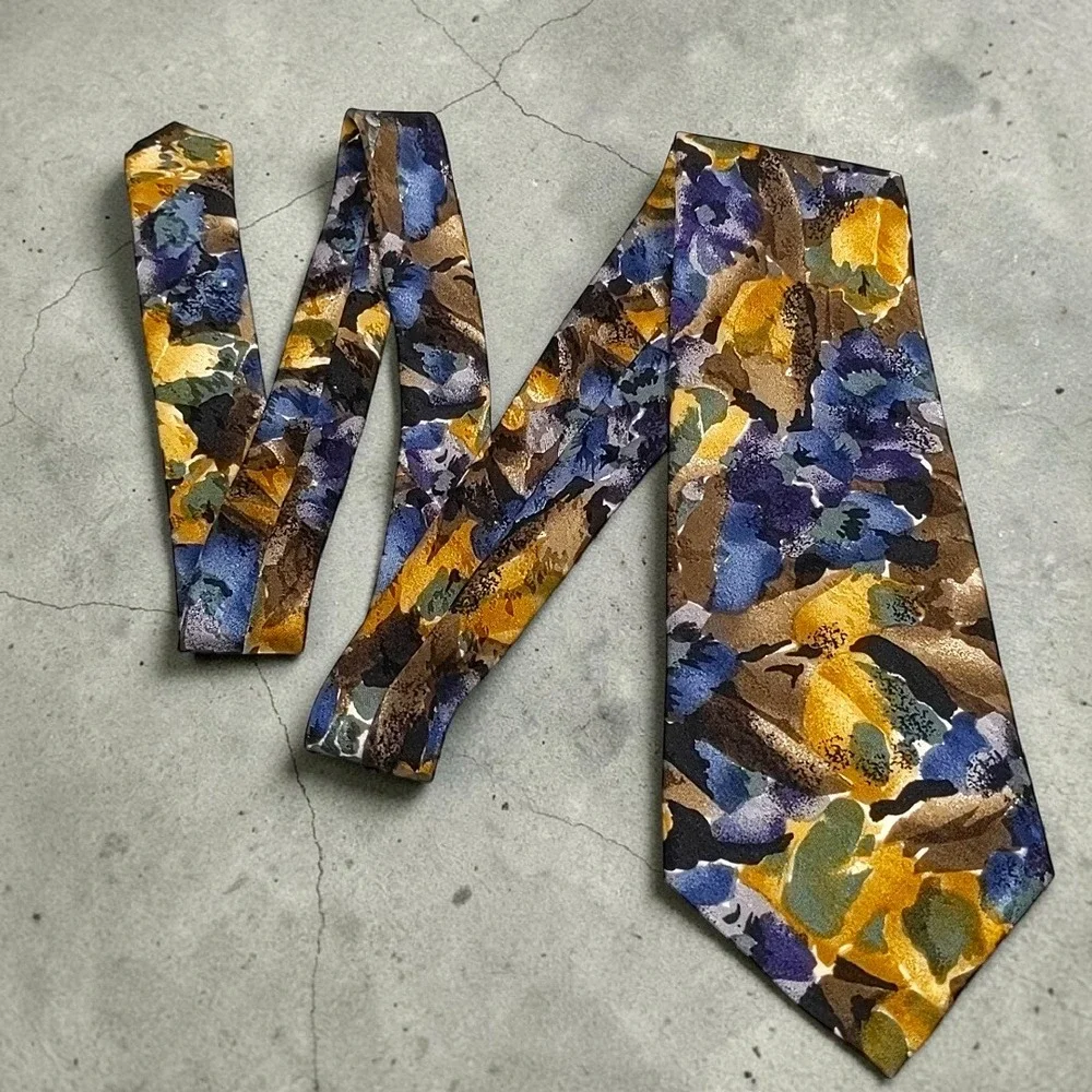 Vtg 90s Bolgheri Silk Italian Tie Abstract Floral Impressionist Italy Brown Blue
